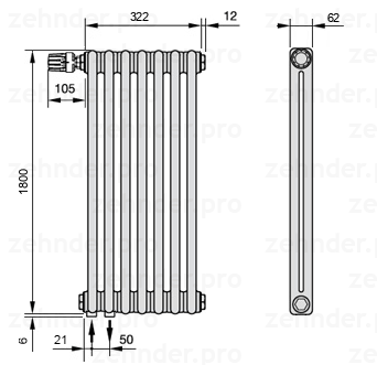 Схема (чертеж) Радиатор Zehnder Charleston 2180/7 №V001 Белый глянцевый RAL 9016